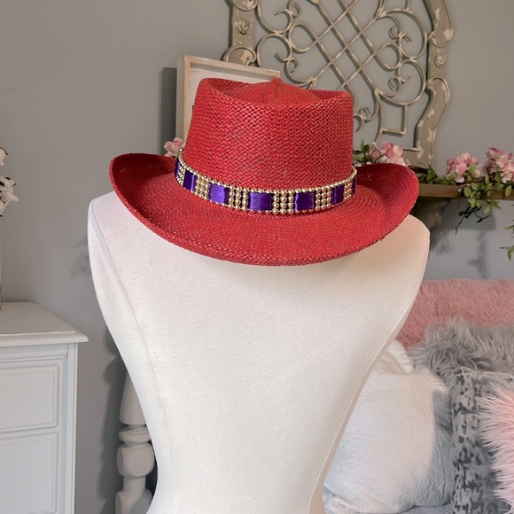 Something Special Red Straw Hat Sun Beaded Gold Purple Womens - Picture 2 of 10